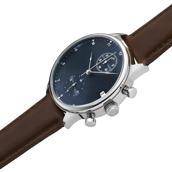 Two Button Stainless Steel Chronograph Watch Brown Band For Young Man