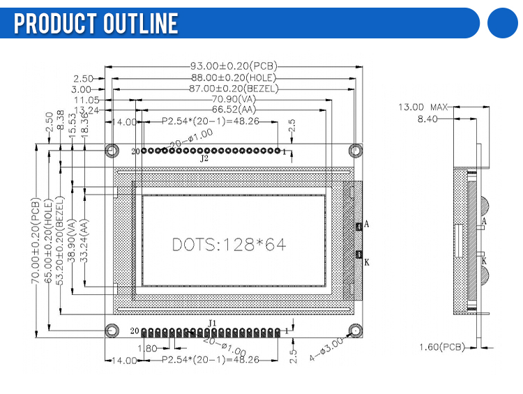 Yellow Green Film 12864J-3 93X70MM STN 6800 Parallel SBN0064 Module 5V Power Supply Graphic LCD Display Screen