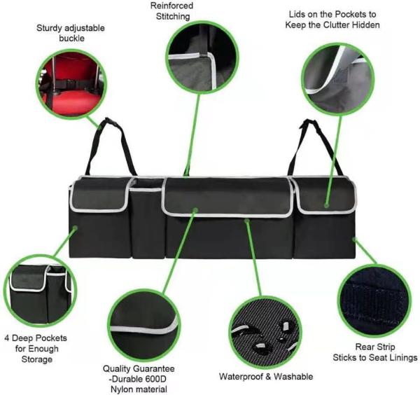 Premier SUV Truck 4 Pockets 2 Mesh Pouches Car Trunk Hanging Back Seat Storage Bag Organizer