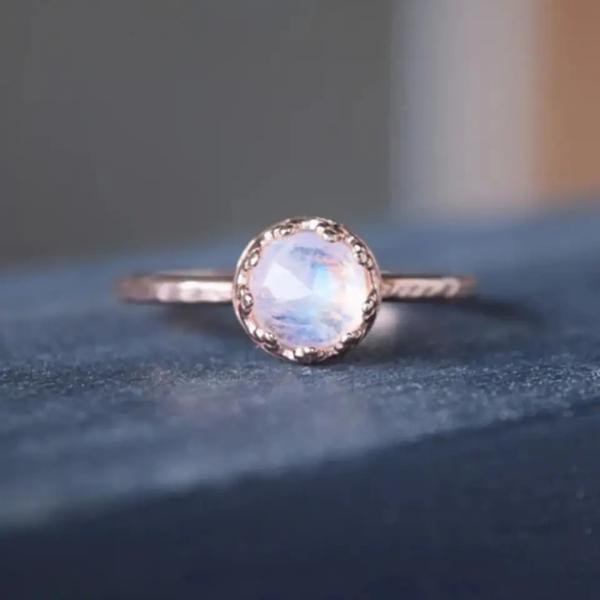 Unique Moon Shape Silver Rose Gold Plated Natural Moonstone Silver Ring Star Round CZ Hot Selling Rings