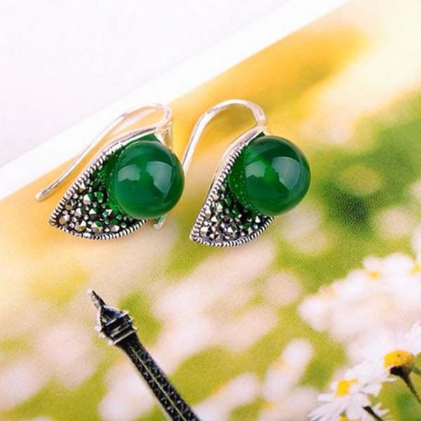 Thai Vintage Sterling Silver 10mm Round Green Agate Hoop Earrings (E11061GREEN)