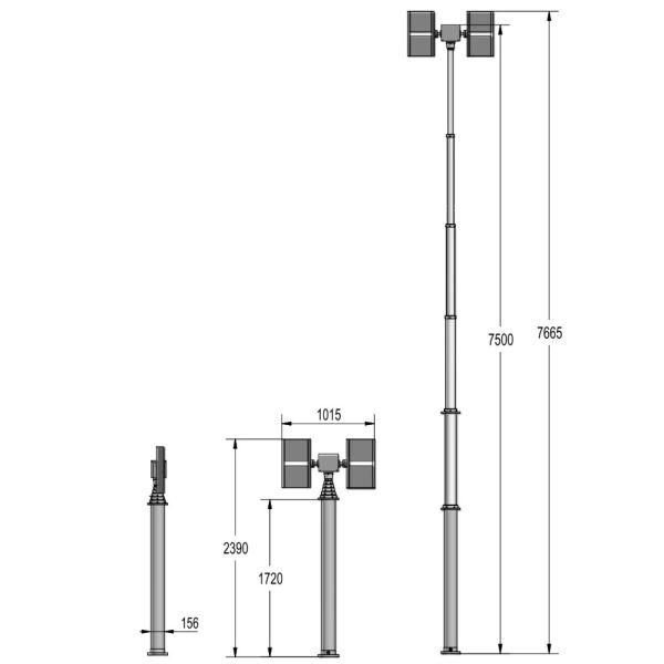 vertical mounted 7.5m pneumatic telescoping mast light tower for fire tender 480W LED