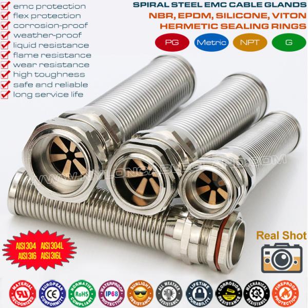 NPT Thread Stainless Steel EMC Cable Glands (Cord Grips) IP68 with Spiral Flex Protector ЭМС кабельныя ўводы сальнікі кабелни входове NPT з нержавеючай сталі (IP68) са спіральным гнуткім пратэктарам