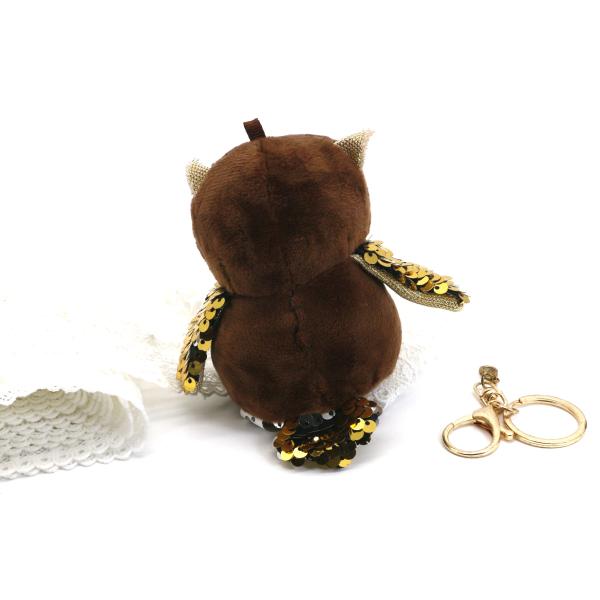 3D Plush Doll Key Chain Brown Embroidered Owl 10cm Inlaid Round Gold Eyes Beads