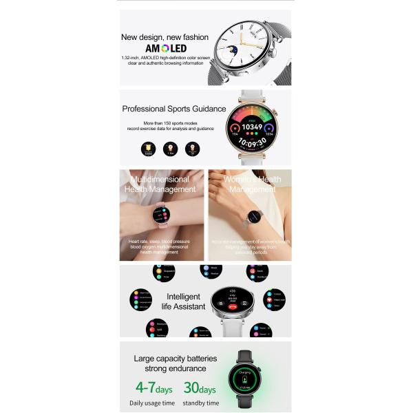 HK41 Jeu féminin Smart Watch 1,32 pouces AMOLED BT Connectivité Bracelet de fitness