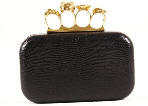 Black Rings Knuckle Ladies Leather Clutch Bags Hard Case With Flower Clasp