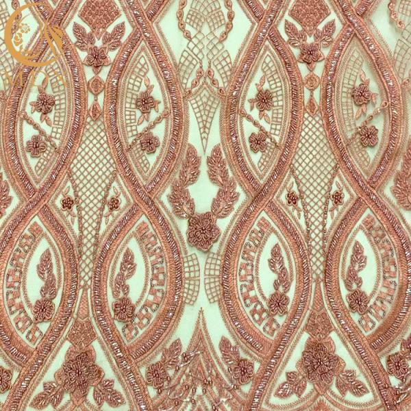 Embroidery Pink 3D Beaded Fabric Sequin Lace For Women Dress