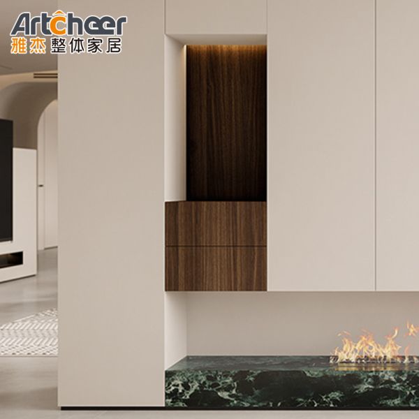 Modern Wall Mounted TV Cabinet with Fireplace Design White Lacquer Finish and Adjustable Height