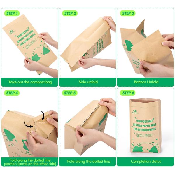 100% Biodegradable Square Bottom Kraft Paper Garbage Bags for Food Waste 50 Lb Capacity