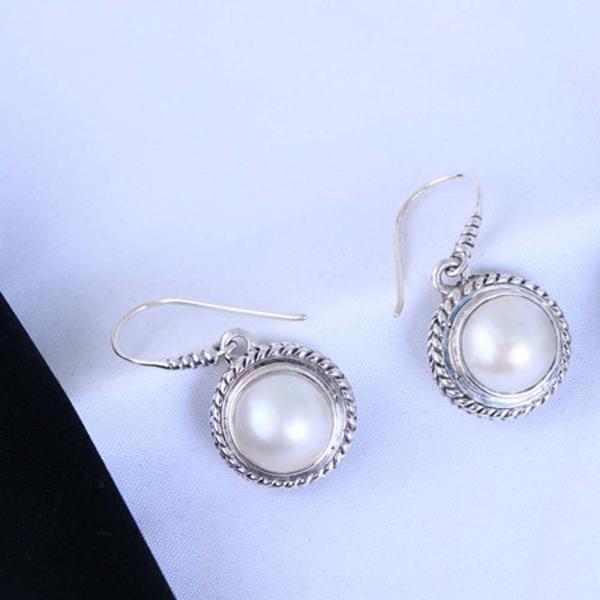 Vintage Sterling Silver Round Shell Pearl Bead Drop Dangle Earrings (060320)