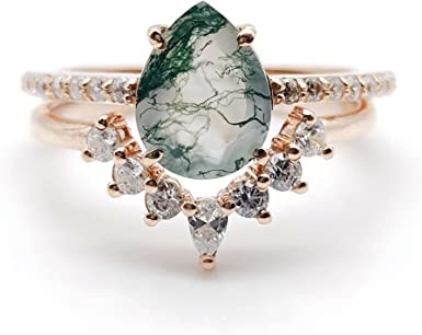 Natural Moss Agate Ring Set For Women Pear Shaped Gold Ring  For Women