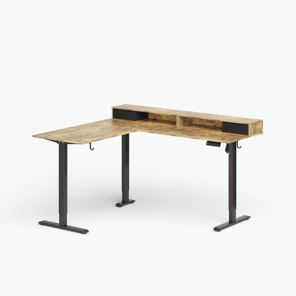Bureau debout électrique brun rustique avec rangement, moteur unique, 2 étages, charge maximale 80 kg