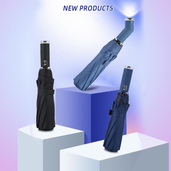 Rotating LED Flashlight Handle Automatic Folding Umbrella for Travel and Advertising