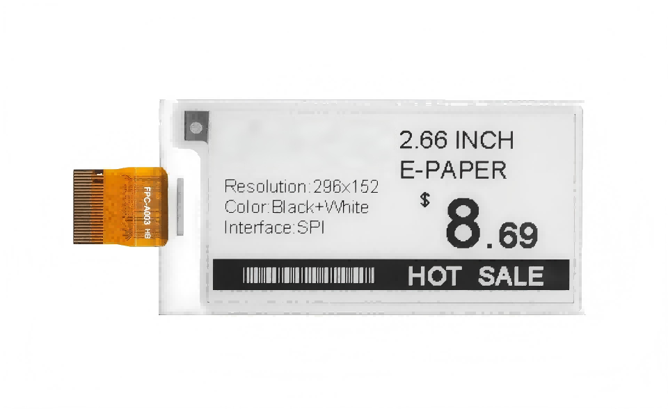 2.66 Inch Electronic Paper Screen 152×296 Resolution 24pin B/W 2 Color E Ink Screen Display