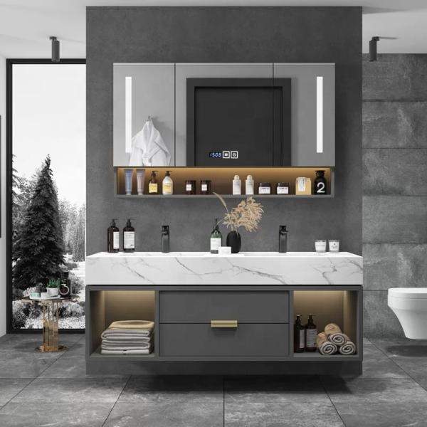 Modern Wall Hung Cabinet , Marble Double Sink Bathroom Vanity