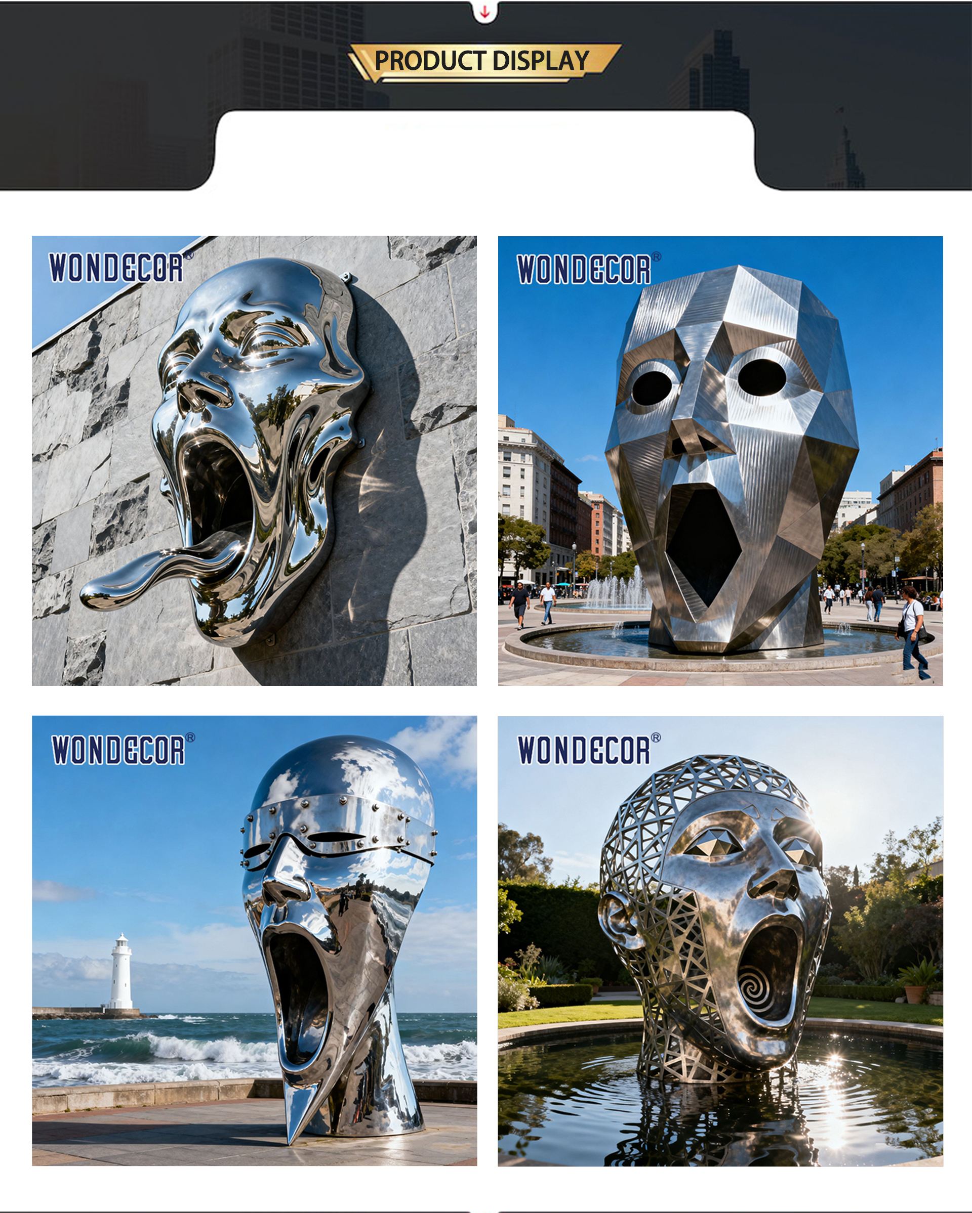 Customized modern 3D abstract screaming large stainless steel outdoor garden decoration facial sculpture