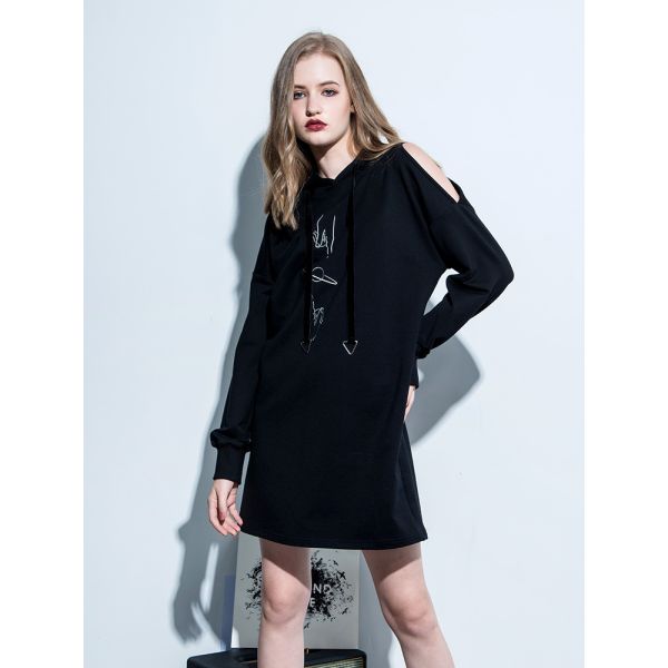 Women's Cold Shoulder Hoodie Dress - Breathable Cotton Knit Anti-Wrinkle Plus Size Maternity Casual Wear