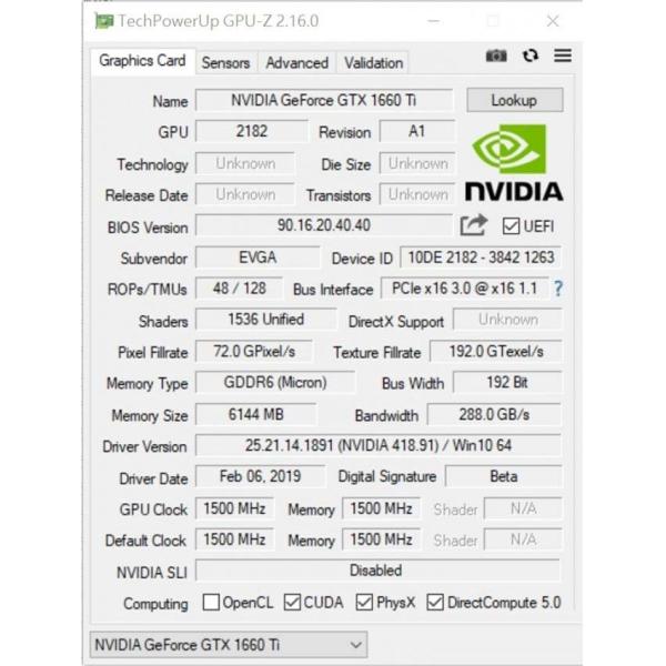 12 нм GPU GTX 1660 Ti SUPER 6GB 192 Bit 1530MHz 2001MHz