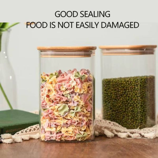 IKOO Rectangular High Borosilicate Glass Canister with Bamboo Lid for Modern Multifunction Kitchen Storage