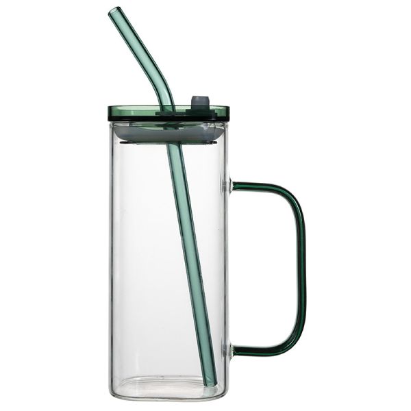 Portable Borosilicate Glass Cup With Colorful Handle PP Lid Glass Straw BPA Free