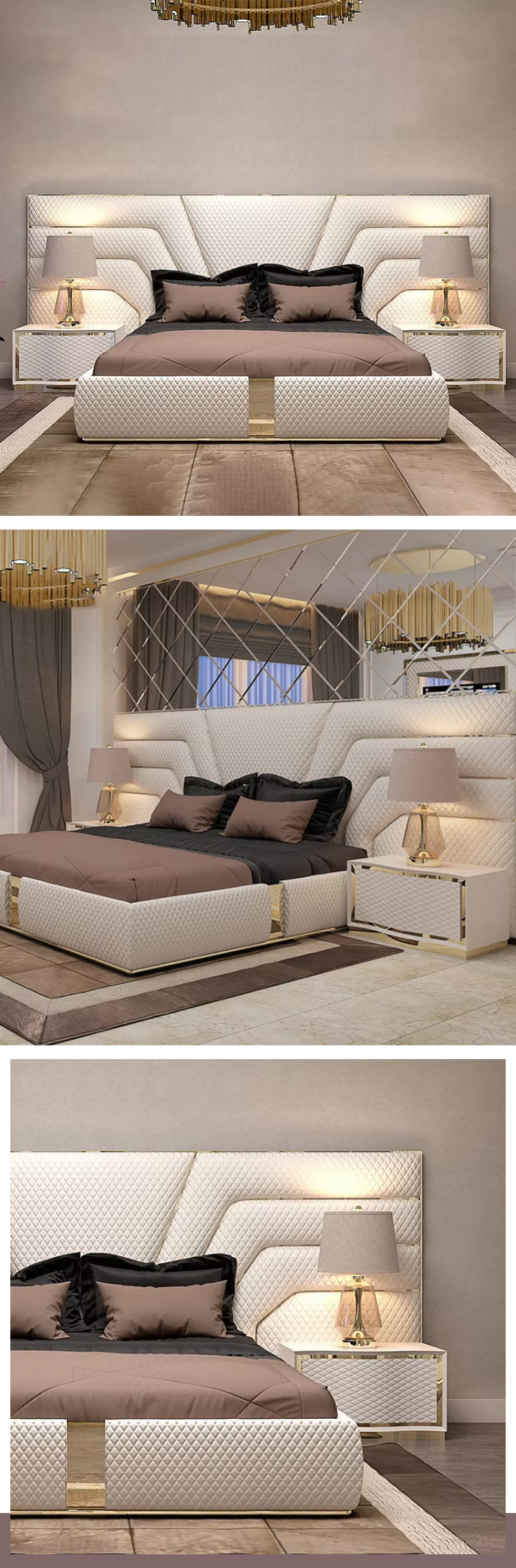 Opulent Upholstered Bed: Quilted Pattern & Gold Trims for Luxe Bedrooms