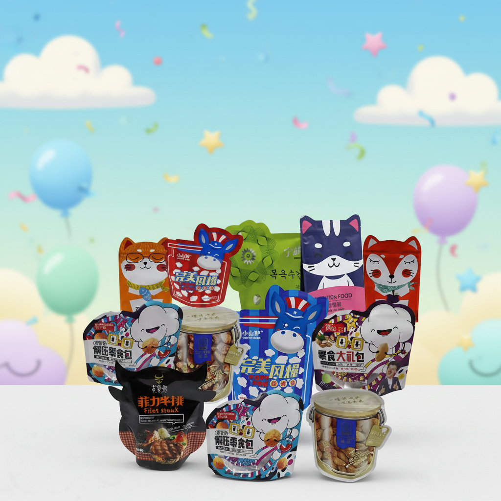 Vibrant Custom Cartoon-Shaped Snack Pouches Collection Character-Themed Disposable Flexible Packaging CPP MM Assorted Snacks