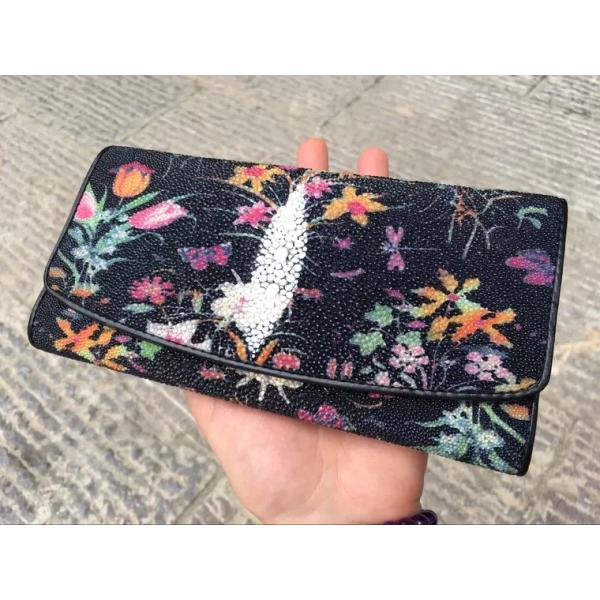 Authentic Stingray Skin Female Long  Flower Trifold Wallet Genuine Leather Lady Large Clutch Bag Women Floral Coin Purse