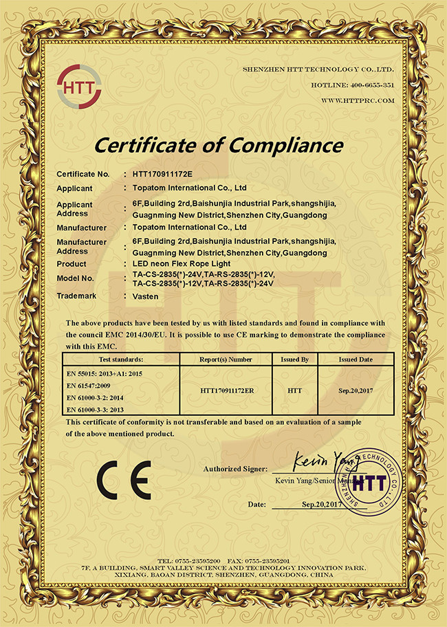 Shenzhen Vasten lighting Co.,ltd Сертификации
