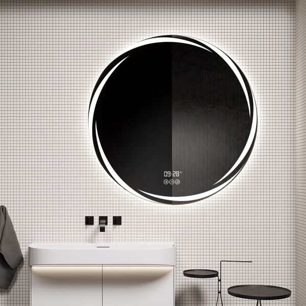Modern Round Bathroom Mirror Anti Fog Waterproof Wall Mounted Lighted Makeup Mirror