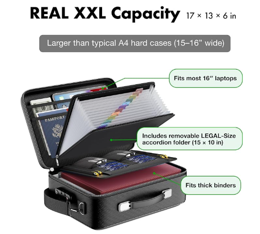 XXL Legal-Size Fire & Water-Resistant Document Box with TSA Lock - Hard-Shell Case (17×13×6 in) Hard Case File Organizer for Important Documents, Laptop, Passport, Wills & Certificates