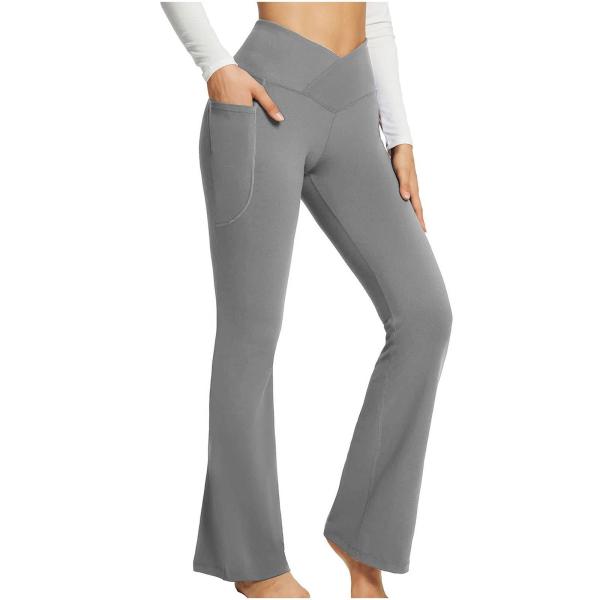 Women'S High Waist Flare Pants Trendy Crossover Yoga Pants Workout Bell Bottom Leggings With Pockets