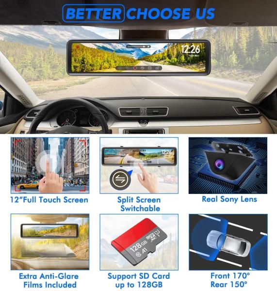OEM ODM 2K 10.88 Inch Dual Lens Car Camera with Night Vision