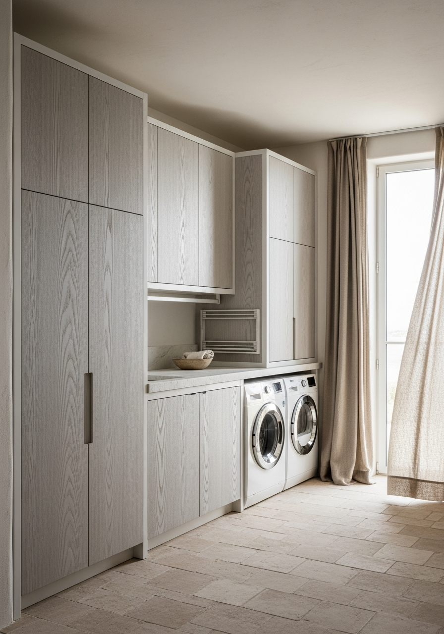 Whitewashed Ash Laundry Cabinet with Drying Rack in 304 Stainless Steel