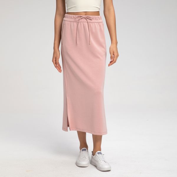 Women's Cotton Blend Midi Skirt Elastic Waist Side Slit Chocolate Brown with Pockets