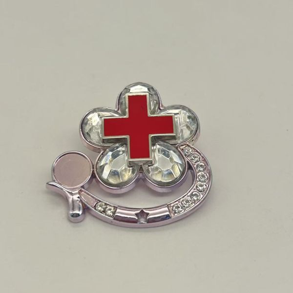 Premium Metal Nurse Badge: Red Cross & Clover Design with Crystal Inlay