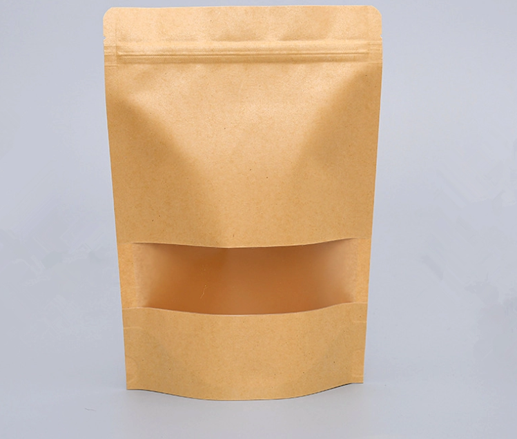 Heat Seal Kraft Paper Ziplock Stand Up Pouch With Clear Window