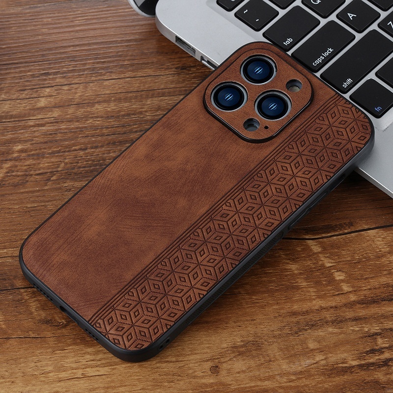 Solid Wood Texture PC + Leatherette Retro Geometric Mobile Phone Case for iPhone 11 12 13 14 15 Pro Max Plus Old Fashion Style
