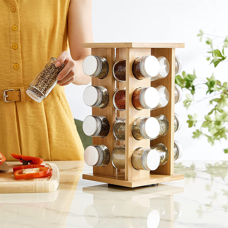Rotating Solid Wood Desktop Spice Rack for Kitchen Storage for Party Glass Bottles and New Model Spice Jars