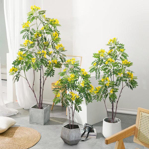 Artificial cassia flowering tree yellow  deco hotel office potted tree