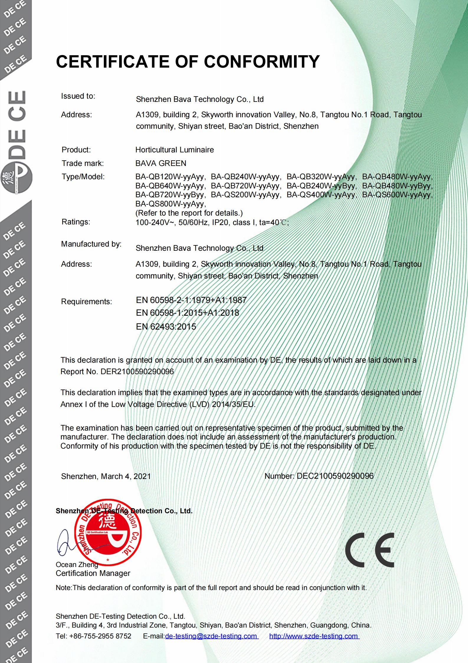 Shenzhen Bava Technology Co.,Ltd Сертификации