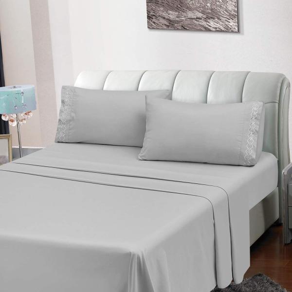 90gsm Embroidered Sheets Set Solid Pattern Extra Soft Wrinkle and Fade Resistant 4PCS