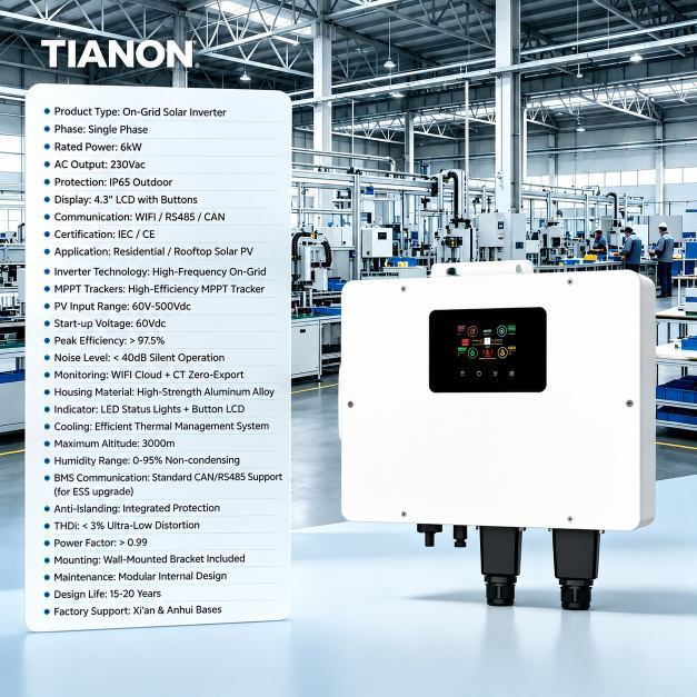 6kW Single Phase On-Grid Solar Inverter IP65 60-500V MPPT 230Vac with 4.3 Inch Button Screen TIANON