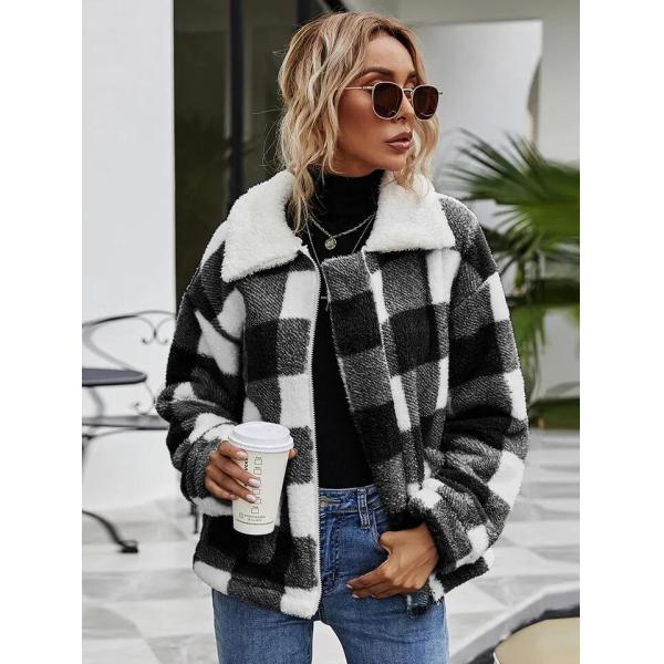                  Fashion Fleece Zipper Womens Coats Plaid Flannel Jacket Luxury Coat Casual Winter Stylish             
