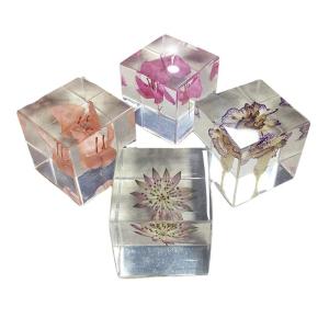 peso de papel dado forma cúbico transparente da resina com as flores secas reais
