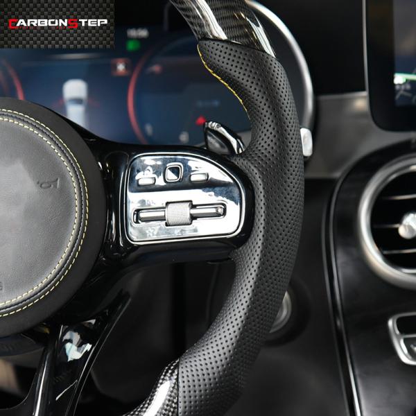 Yellow Stripe Racing Mercedes Carbon Fiber Steering Wheel White Stitching ODM