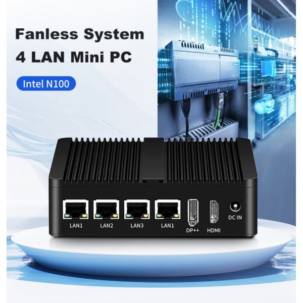 12th Gen Intel N100 Fanless Mini PC with Quad Core Processor 4x 2.5G Intel NICs and Dual OS Compatibility