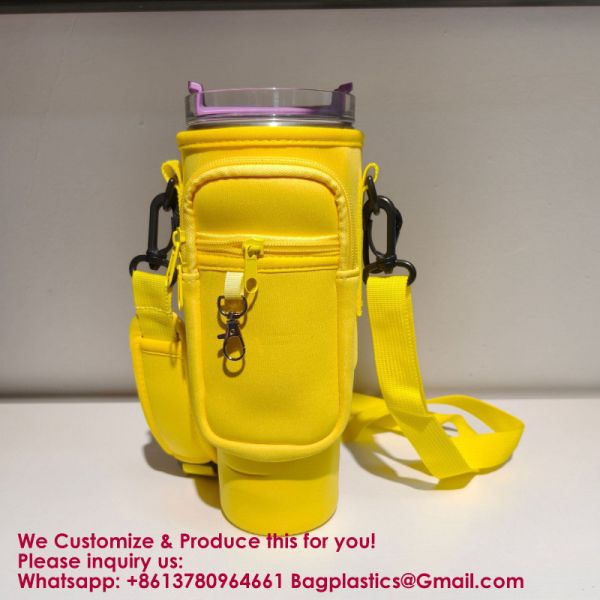 Water Bottle Carrier Bag With Phone Pocket For Stanley 40 & 30 Oz Tumbler With Handle,Pink Insulated Neoprene Cup