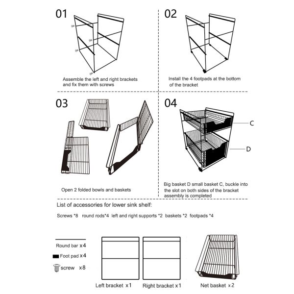 Upgraded Foldable Push-pull Metal Double-layer Bathroom Storage Organizer Under Sink Storage Rack for Kitchen Cabinet Countertop