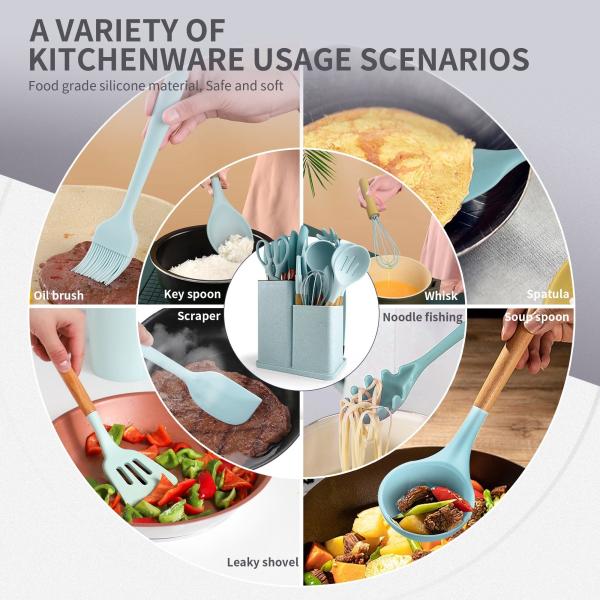 Wooden Handle 19-Piece Silicone Kitchen Utensil Set with Cutting Board Storage Bucket