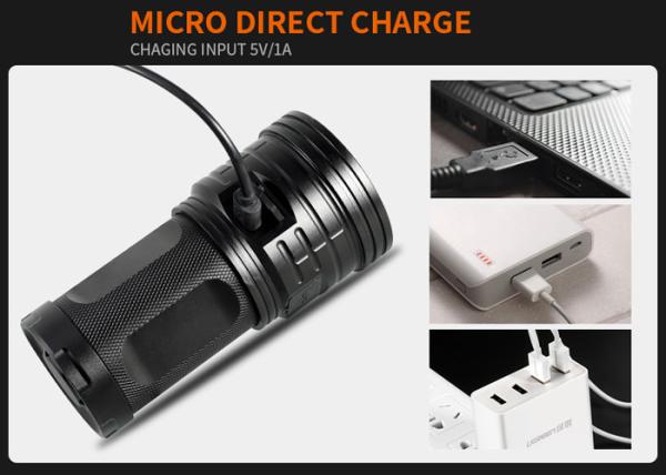 T6 Hunting High Lumen Flashlight , Rechargeable LED Flashlight Black Outdoor